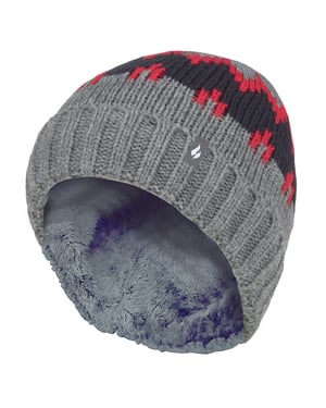 Wärmehalter - Jungen dicke gerippte gewebte gestrickte weiche Pom Pom Bobble Beanie Mütze - Pebble Melange/Rot/Navy