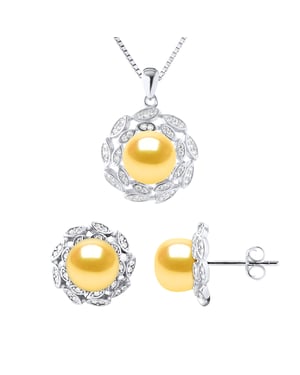 Schmuck Halskette & Ohrringe FLOWER Sweet Water Perlen Golden 9-10 mm 925