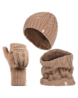 Heat Holders - Womens Thermal Winter Fleece Mütze, Halswärmer und Converter Handschuhe Set - Beige