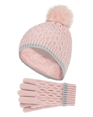 Wärmehalter - Thermoisolierte Pom Pom Bommelmütze und Handschuhe für Mädchen | bunte Pastellfarben - Altrosa