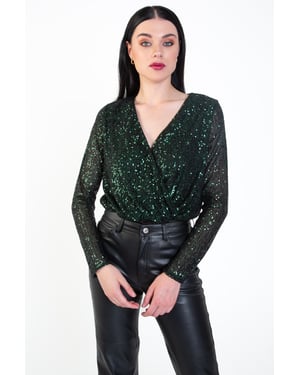 Pailletten-Wickel-Bodysuit mit langen Ärmeln