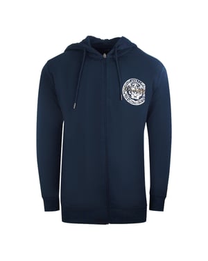 Marineblauer Kapuzenpullover mit Reissverschluss von Cavalli Class mit grossem Kreisdesign