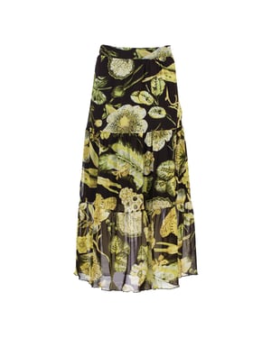 Blumenmuster-Rock aus transparentem Stoff – Stufenoptik, semi-maxi Länge, elastischer Bund