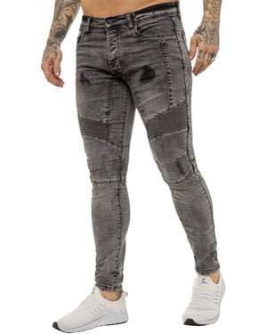 Enzo | Mens Skinny Stretch Biker Denim Jeans - Black Acid
