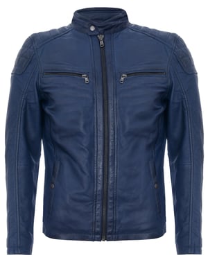 Vintage-gesteppte Racing-Bikerjacke aus marineblauem Leder mit Reißverschluss
