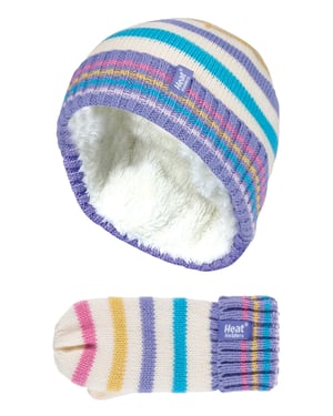 Wärmehalter - Kinder Mädchen Fleece gefüttert gestrickt gestreift bunt Winter Thermomütze und Handschuhe Set - CS2P11