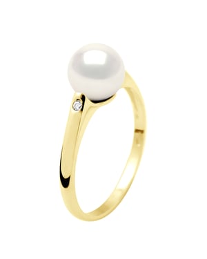 Ring Solitärdiamanten 0,02 cts – echte Süßwasser-Zuchtperle rund 8–9 mm