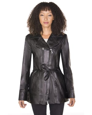 Lange Damen-Bikerjacke aus Leder – Muskat