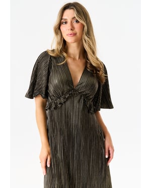 Schwarzes Metallic Plissee Maxikleid