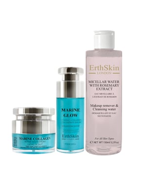 Mizellenwasser mit Rosmarin-Extrakt 150ml+ Marine Glow Vitamin C + Collagen-Konzentrat Serum 30ml+Marine Collagen Nachtcreme 50ml