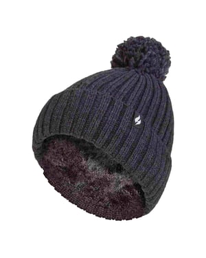 Damen Rippstrick-Mütze mit Umschlag und Thermoisolierung, Winter-Pompon-Haube