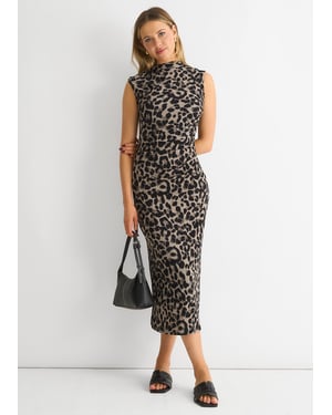Graues gerüschtes Midikleid mit Tiermuster