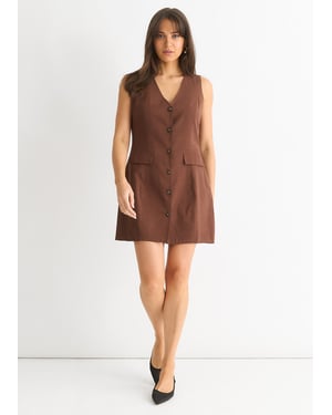 Schokoladenfarbenes Leinenhemd mit Knopfleiste Minikleid
