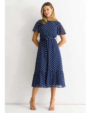 Marineblaues Flecken-Chiffon-Midikleid mit Engelsärmeln