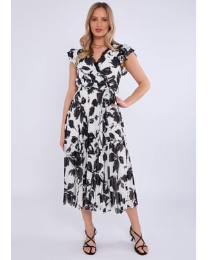 Midikleid mit Spitzenbesatz und Wickelfalten