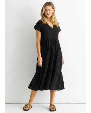 Schwarzes V-Ausschnitt Taschen-Smock Midikleid