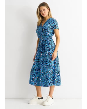 Gini London Kurzärmeliges Midikleid mit Animalprint und Wickeloptik - Blau