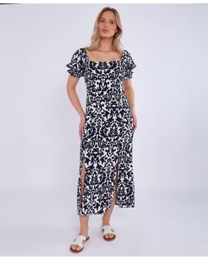 Gini London Midikleid aus Viskose mit geteilten Puffärmeln - Marineblau