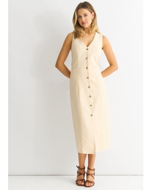 Midikleid aus Stein mit durchgehender Knopfleiste und Taille
