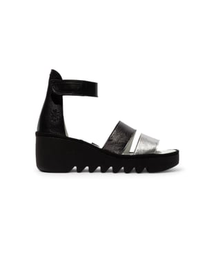 Fly London Damen BONO290FLY Silber Schwarz Idra Leder Sandalen Espadrille Wedges