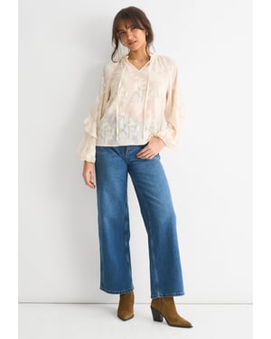 Langärmelige Bluse aus cremefarbenem Jacquard mit Blumenmuster