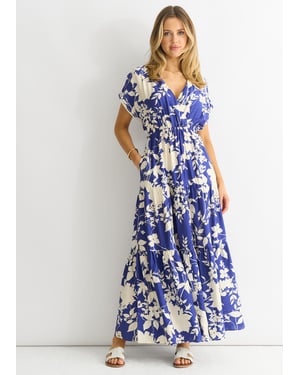 Gini London Geblümtes Maxikleid mit elastischer Taille - Blau