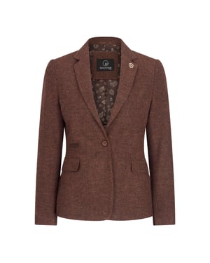 Rostbrauner Damen-Blazer aus Wolltweed mit Fischgrätenmuster und Karomuster