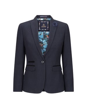 Damen Tailored Fit Tweed Marineblau Karierter Blazer Wolljacke
