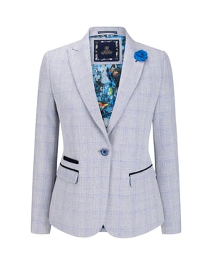 Blau karierter Damen-Blazer aus Wollmischung mit Fischgrätenmuster