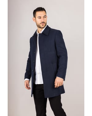 Marineblauer Herrenmantel aus Wollmischung mit klassischem Kragen