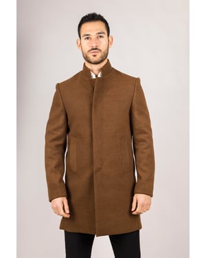 Brauner Herrenmantel aus Wollmischung mit Stehkragen