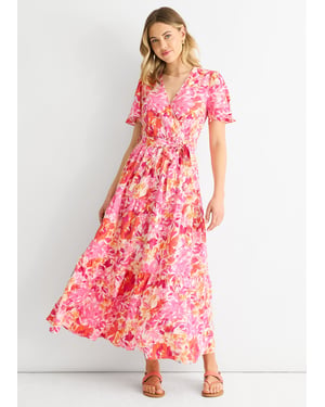 Rotes geblümtes Midikleid mit Wickelgürtel