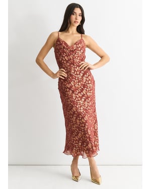 Braunes Viskose-Tier-Jacquard-Cowl-Midikleid