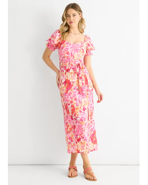 Gini London Geblümtes Midikleid mit Puffärmeln und Gürtel - Rot