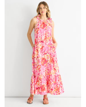 Rotes geblümtes Trapezkleid mit Bindebändern