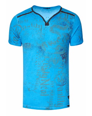 V-Neck T-Shirt Verwaschen mit Prints und Wildleder Details