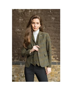 Olivgrünes 2-teiliges Tweed-Blazer-Weste-Set für Damen im Fischgrätenmuster