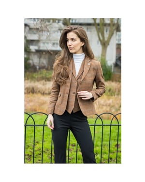 Oak Brown 2-teiliges Set aus Tweed-Blazer und Weste für Damen im Fischgrätenmuster