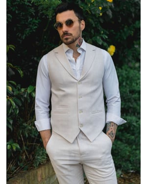 Herren Sommer 2-teiliges Anzugset Leinen Formal Creme Beige Weste Hose