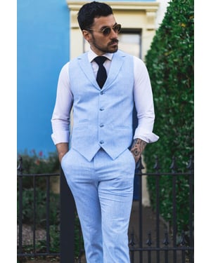 Herren Sommer 2-Teiler Anzug Leinen Formal Hellblau Weste Hose