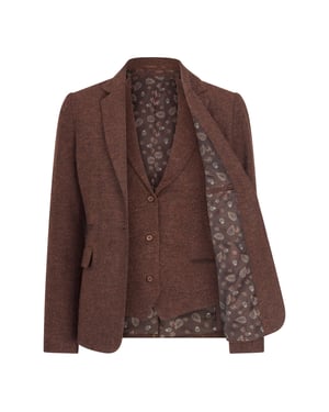 Rostbraunes 2-teiliges Set für Damen, Fischgrätenmuster, Woll-Tweed, karierter Blazer und Weste