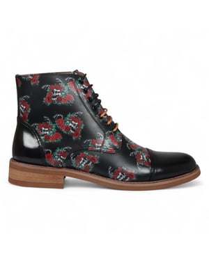 Justin Reess Herren-Oxford-Stiefeletten aus schwarzem Leder mit floralem Totenkopf-Print – Adam Skull