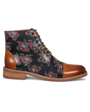 Justin Reess Herren-Oxford-Stiefeletten aus braunem Leder mit Blumen- und Totenkopf-Print – Adam Skull