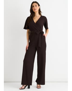 Schokoladenfarbener strukturierter Jersey-Wickel-Overall mit weitem Bein