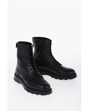 Strukturierter Leder-Arbeitsstiefel mit Reißverschluss in Schwarz