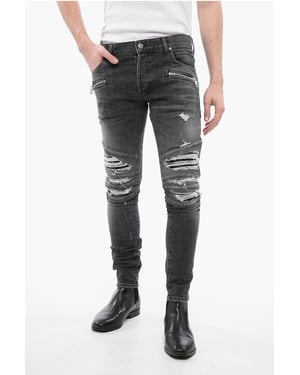 Distressed-Jeans mit mehreren Taschen und Biker-Einsätzen aus Leder 1 in Grau