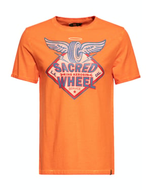 King Kerosin Herren T-Shirt, oil-washed mit Sacred Wheel-Print - Orange