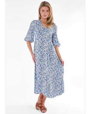 Blaues Midikleid mit Blumenmuster aus Viskose