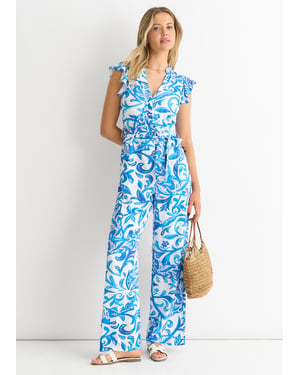 Blauer Jumpsuit mit Rüschen an den Ärmeln