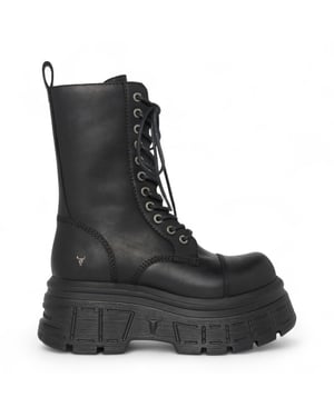 Windsorsmith Damen Schwarze, wadenlange Bikerstiefel aus Leder mit Plateausohle - Screaming